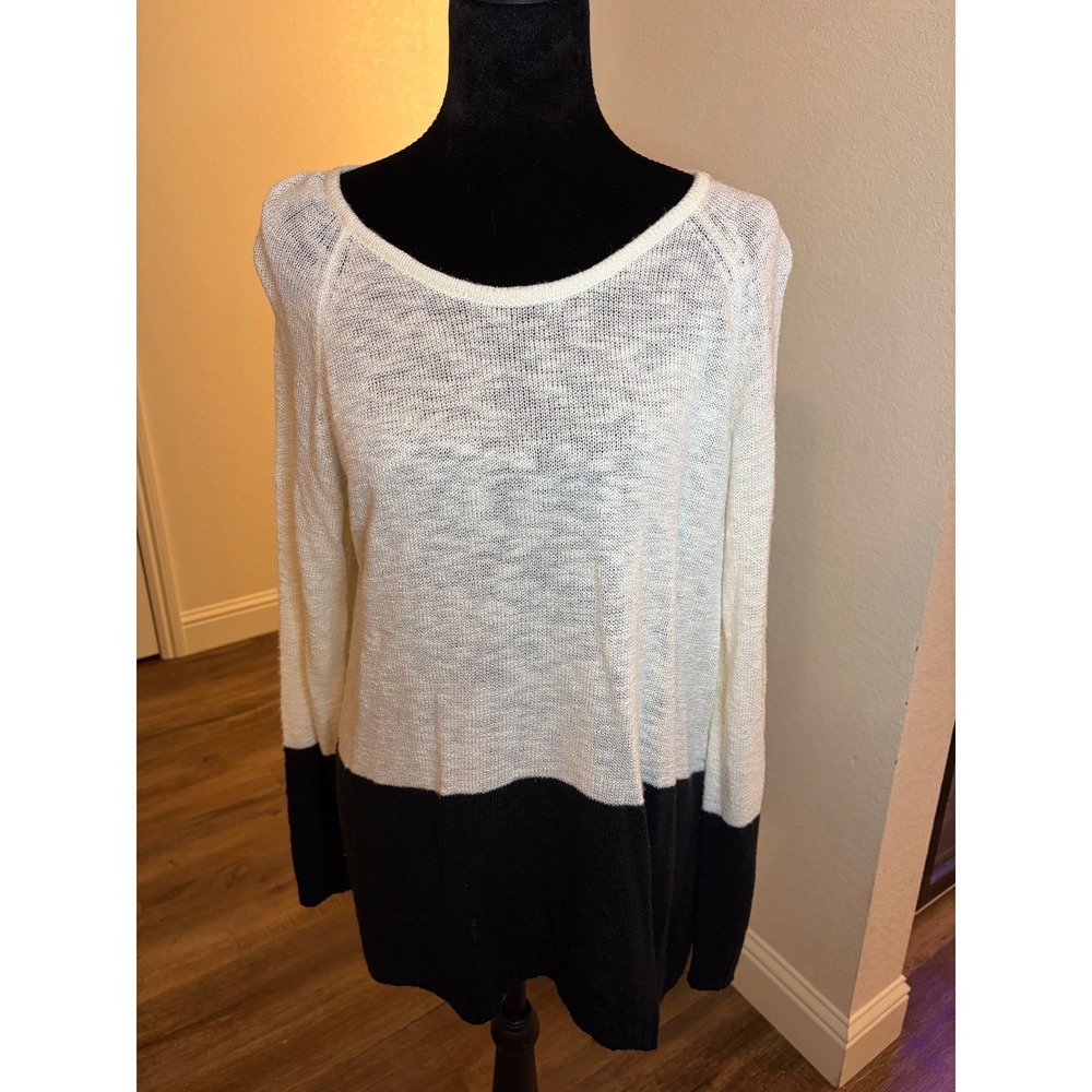 AB Studio Womens XL Ivory Black Colorblock Lightweight Knit Scoop Neck Sweater